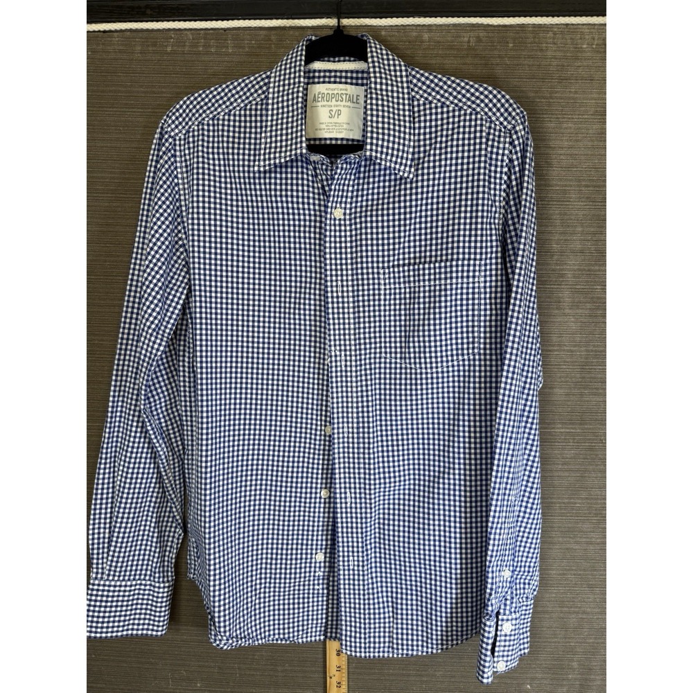 Aeropostale Mens Button Down Shirt Sz S Blue White Check Long Sleeve Summer